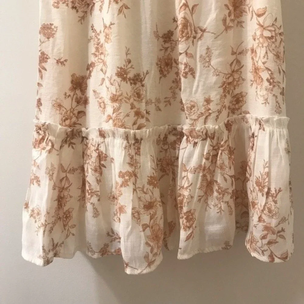 Blu Pepper Cream and Brown Floral Square Neck Puff Sleeve Mini Dress-Size Small - Picture 5 of 9